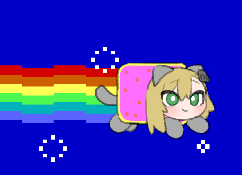 1girl, animal_ears, asymmetrical_bangs, bad_id, bad_twitter_id, blonde_hair, blue_background, blush
