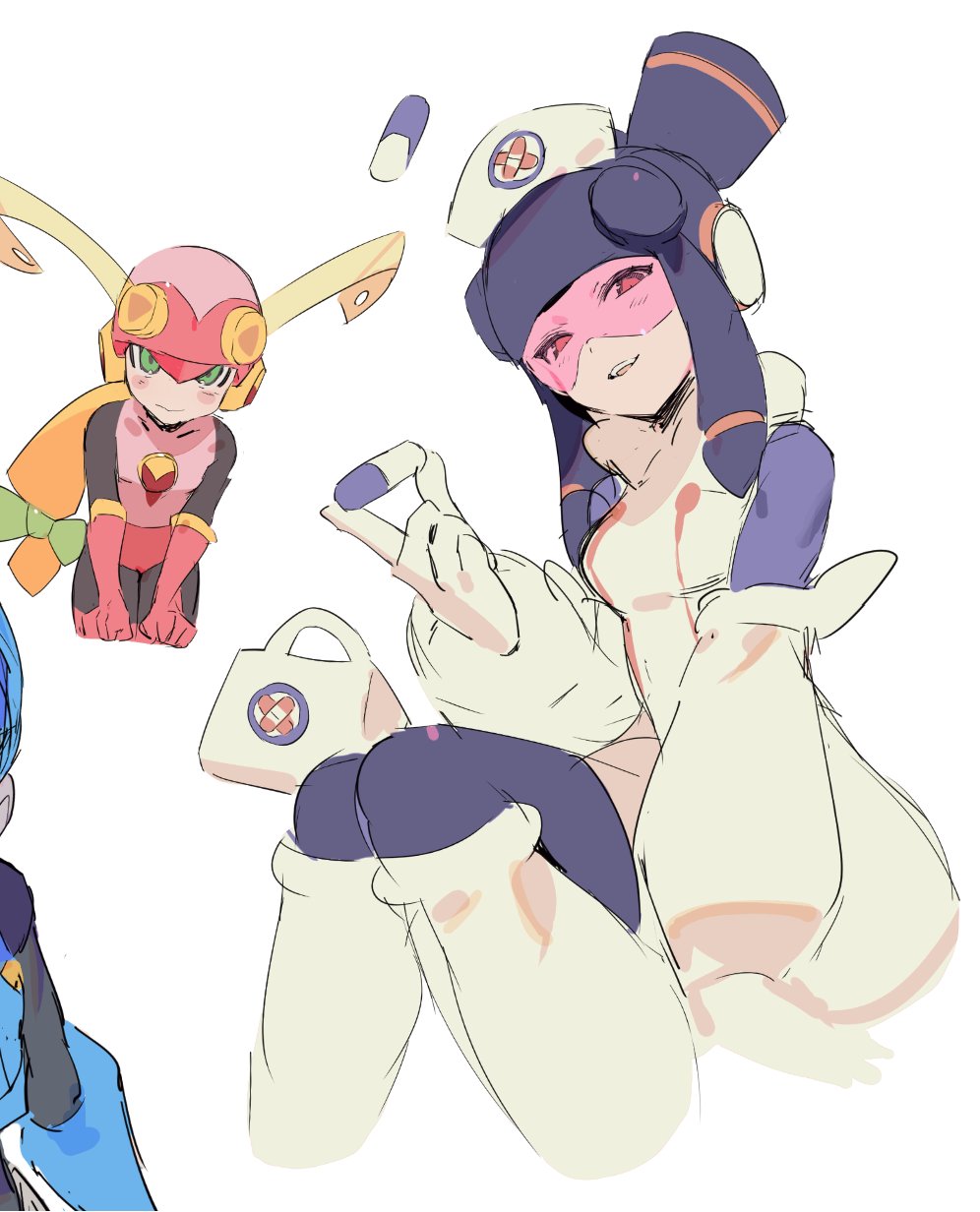2girls, black_bodysuit, black_hair, black_helmet, blonde_hair, bodysuit, clenched_hands, first_aid_kit
