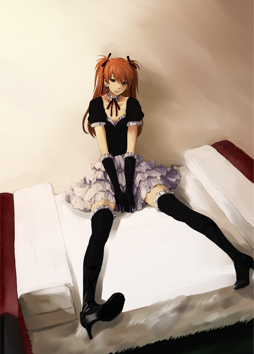 bad_id, black_legwear, black_thighhighs, choker, earrings, elbow_gloves, gloves, gothic_lolita, hair_ribbon, high_heels, jewelry, legs, lolita_fashion, long_hair, mochikko_(cocoa0101), neon_genesis_evangelion, orange_hair, rebuild_of_evangelion, ribbon, shikinami_asuka_langley, shoes, sitting, skirt, solo, souryuu_asuka_langley, thigh-highs, thighhighs