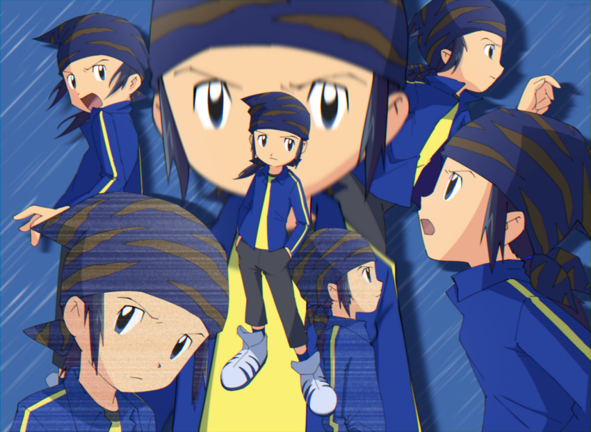 1boy, bandana, black_eyes, black_hair, black_pants, blue_background, blue_bandana, blue_shirt