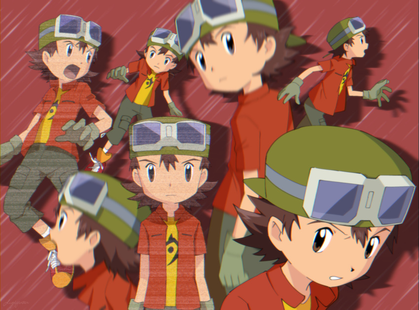 1boy, blurry, brown_hair, commentary_request, cowboy_shot, digimon, digimon_frontier, digimon_tamers