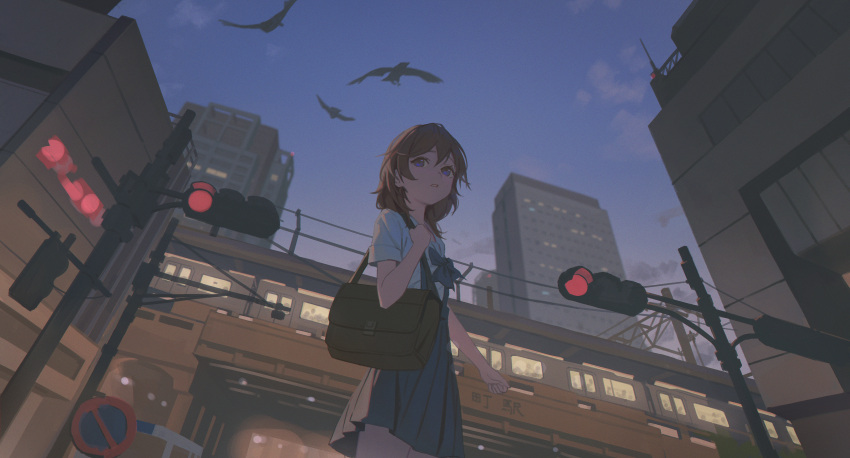 1girl, absurdres, bag, black_skirt, blue_eyes, bow, bowtie, brown_bag