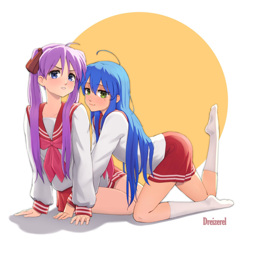 2girls, ahoge, blue_eyes, blue_hair, blush, bow, bowtie, dreizerel
