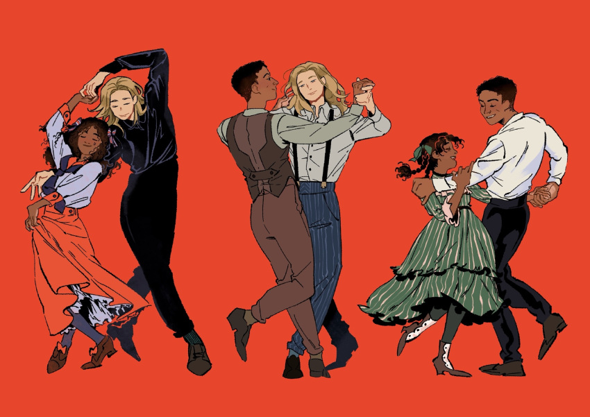 1girl, 2boys, black_hair, blonde_hair, braid, child, claudia_(interview_with_a_vampire), cruelnemothesis, curly_hair, dancing, dark-skinned_female, dark-skinned_male, dark_skin, dress, eye_contact, family, father_and_daughter, full_body, hair_ribbon, highres, holding_hands, interview_with_a_vampire, lestat_de_lioncourt_(interview_with_a_vampire), looking_at_another, louis_de_pointe_du_lac, medium_hair, multiple_boys, multiple_views, red_background, ribbon, simple_background, smile, twin_braids