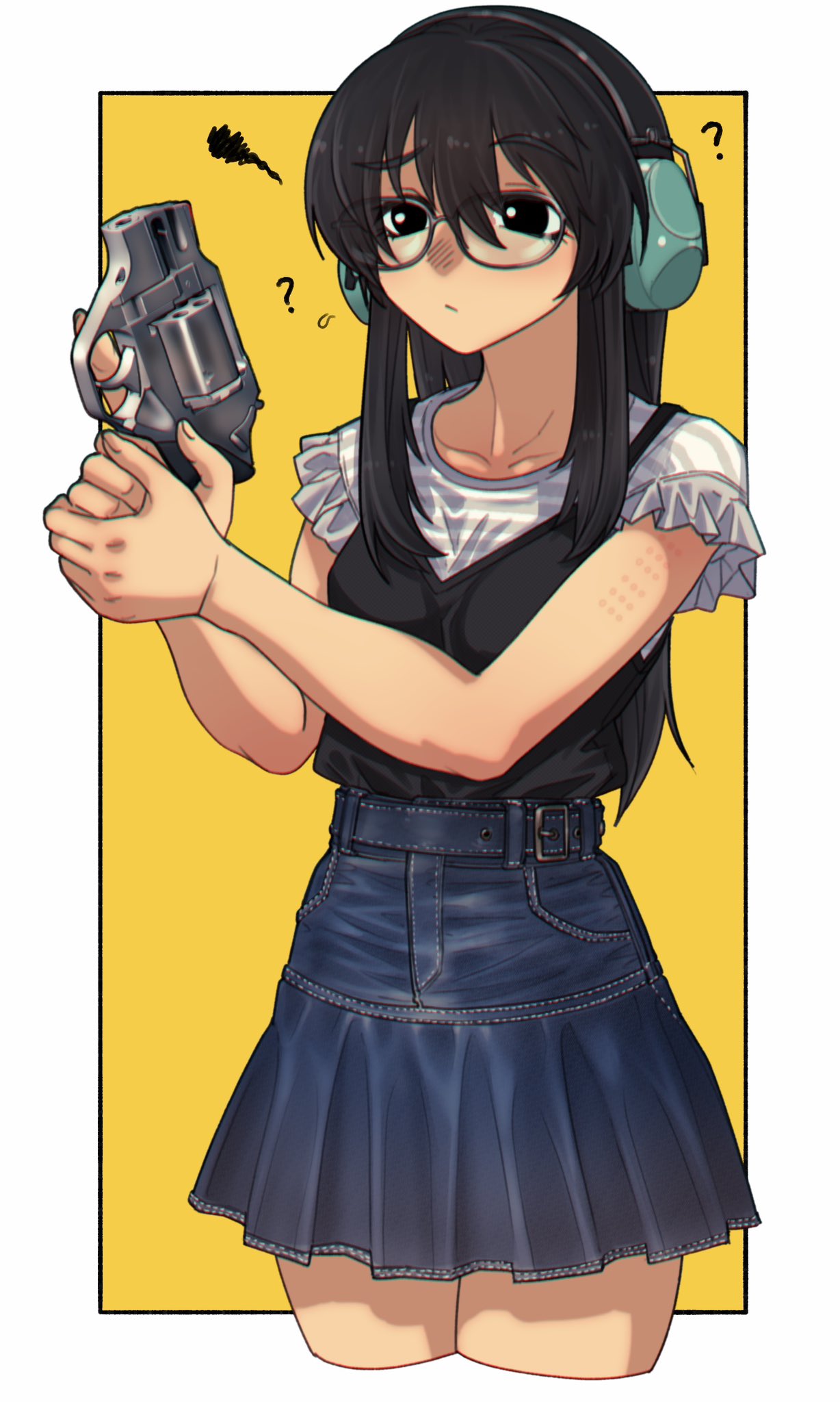 1girl, ?, black_camisole, black_eyes, black_hair, blue_skirt, border, camisole, cb_(c-board), chiappa_rhino, chromatic_aberration, commentary_request, cropped_legs, denim, denim_skirt, ear_protection, glasses, gun, high-waist_skirt, highres, holding, holding_gun, holding_weapon, long_hair, original, outside_border, raised_eyebrows, revolver, scar, scar_on_arm, shirt_tucked_in, short_sleeves, simple_background, skirt, snubnosed_revolver, solo, squiggle, trigger_discipline, weapon, white_border, yellow_background
