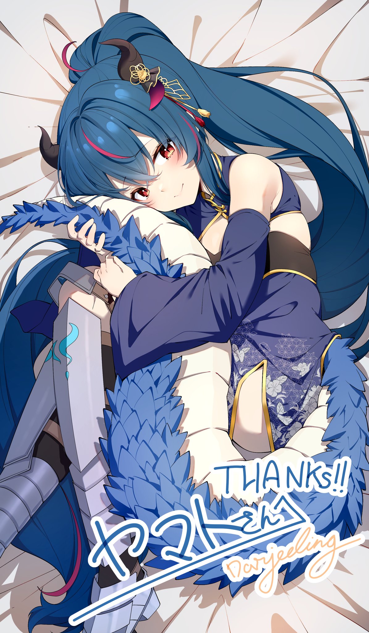 1girl, bare_shoulders, bed, bed_sheet, blue_dress, blue_hair, blush, china_dress