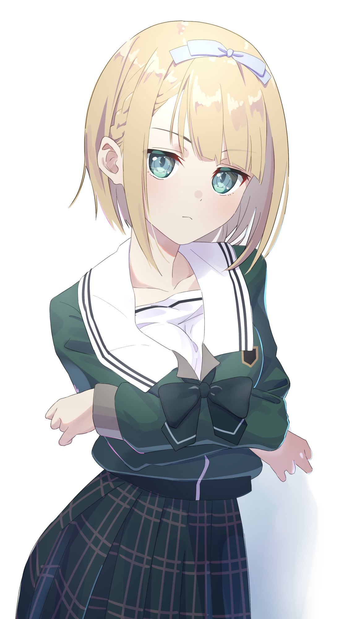1girl, 22/7, arms_under_breasts, black_skirt, blonde_hair, bow, bowtie, braid