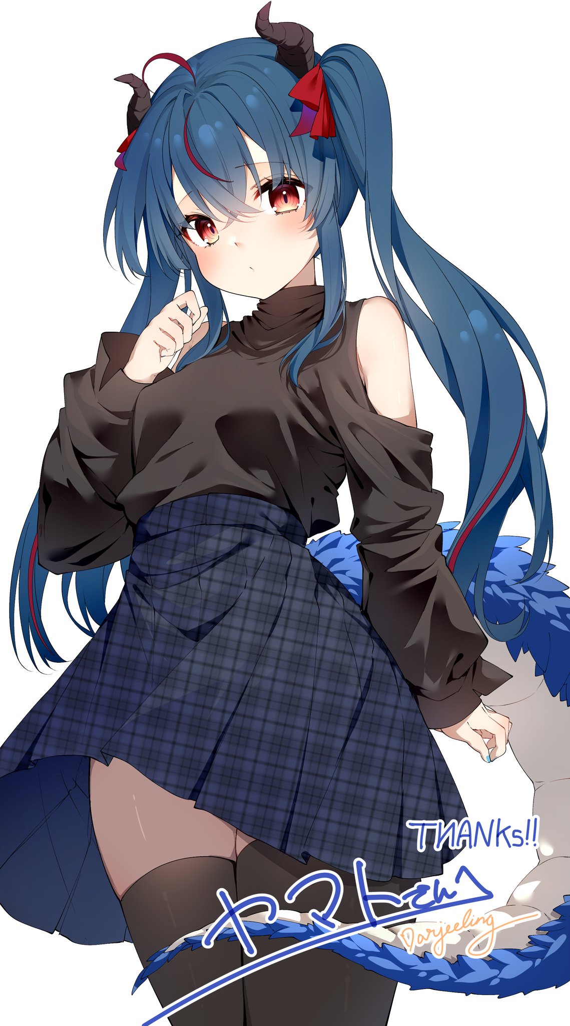 1girl, bare_shoulders, black_shirt, black_thighhighs, blue_hair, blush, bow, closed_mouth