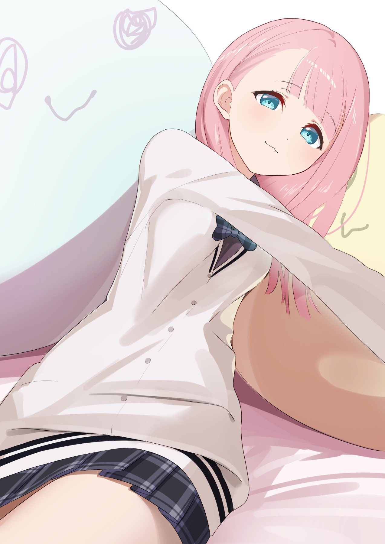 1girl, 22/7, blue_eyes, bow, bowtie, center-flap_bangs, cushion, furumoto