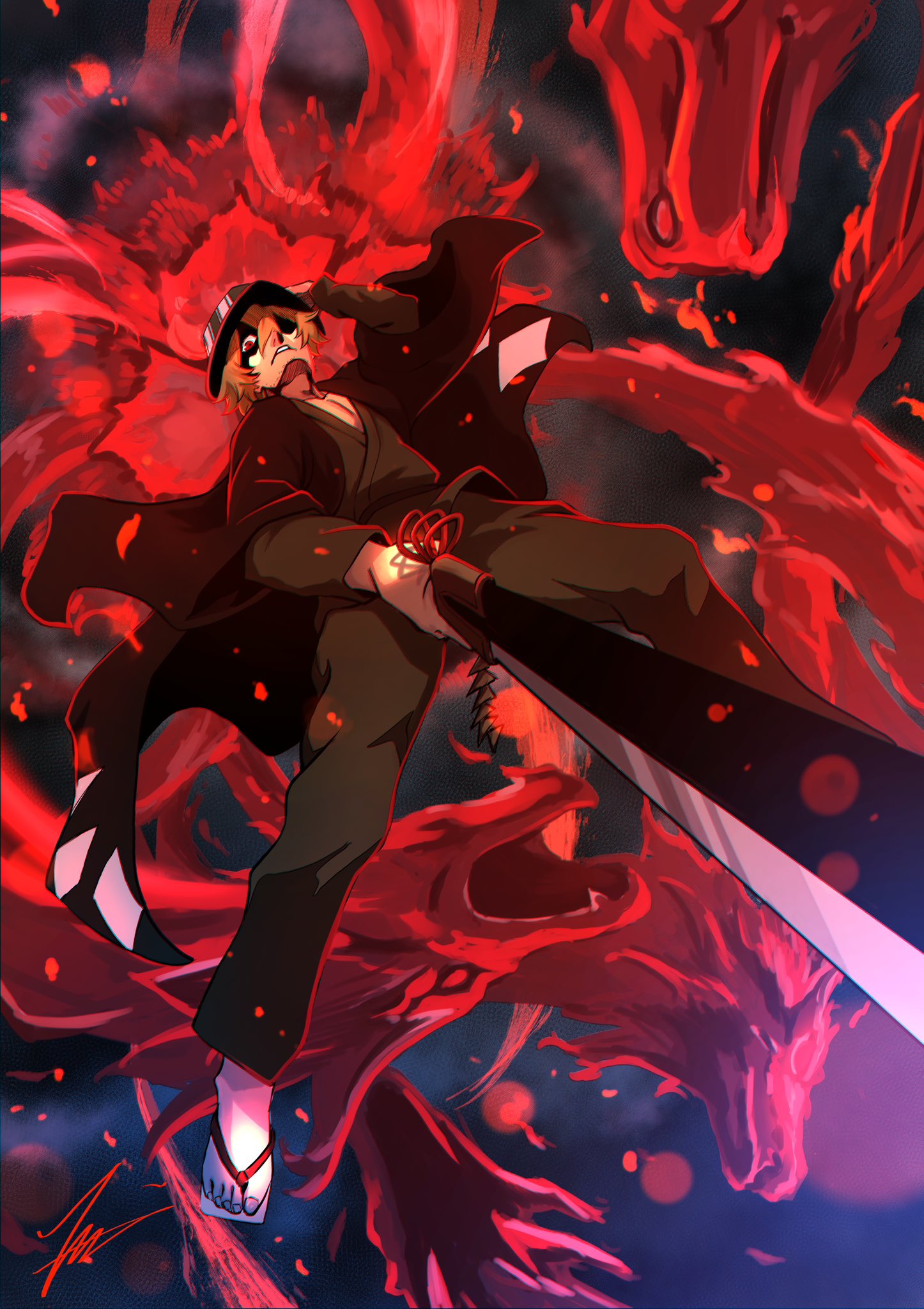 1boy, barefoot, benihime_(shikai), bleach, blonde_hair, bucket_hat, casting_spell, commentary_request