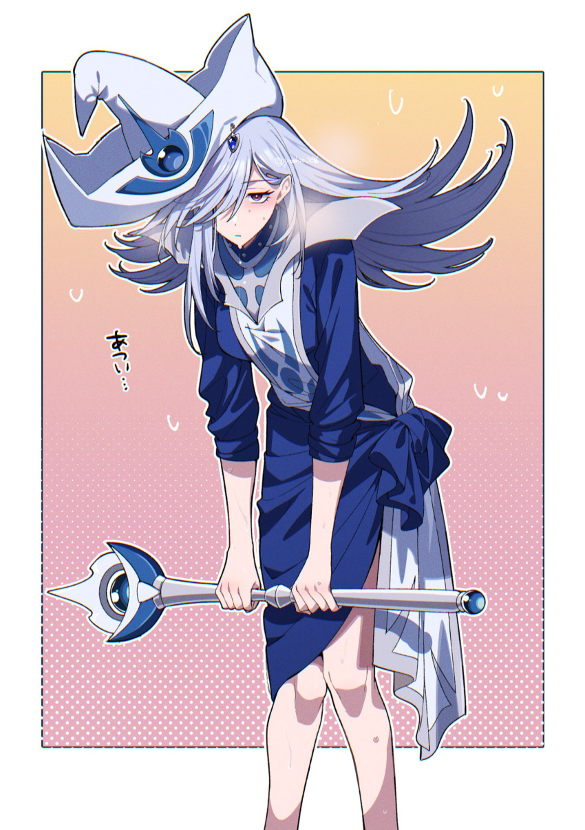 1girl, bent_over, blue_dress, blush, border, breasts, cowboy_shot, dress