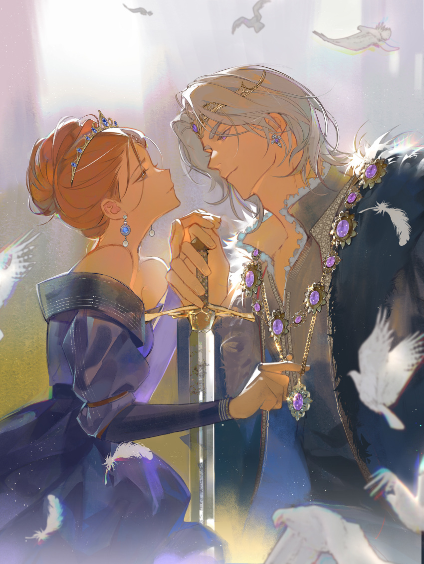 1boy, 1girl, absurdres, bare_shoulders, bird, black_coat, blue_gemstone, blurry