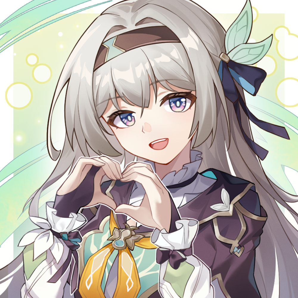 1girl, :d, black_bridal_gauntlets, black_hairband, black_jacket, black_ribbon, blue_ribbon, border, bridal_gauntlets, bright_pupils, commentary, firefly_(honkai:_star_rail), green_background, grey_hair, hair_intakes, hair_ornament, hair_ribbon, hairband, heart, heart_hands, honkai:_star_rail, honkai_(series), jacket, laosi_j, long_hair, long_sleeves, looking_at_viewer, multicolored_eyes, neckerchief, orange_neckerchief, outside_border, pink_eyes, ribbon, smile, solo, teeth, upper_body, upper_teeth_only, violet_eyes, white_border, white_pupils