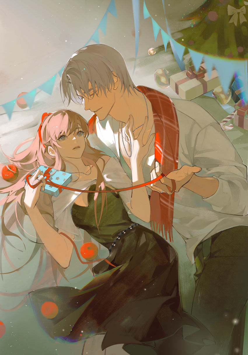 1boy, 1girl, absurdres, apple, black_dress, black_pants, blurry, bow