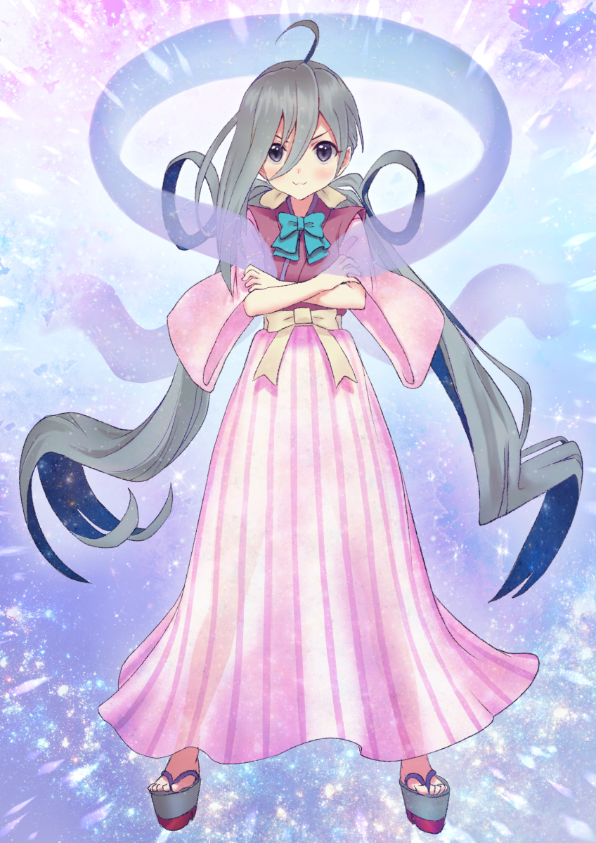 >:), 1girl, ahoge, alternate_costume, asymmetrical_hair, blue_hair, blush, bow
