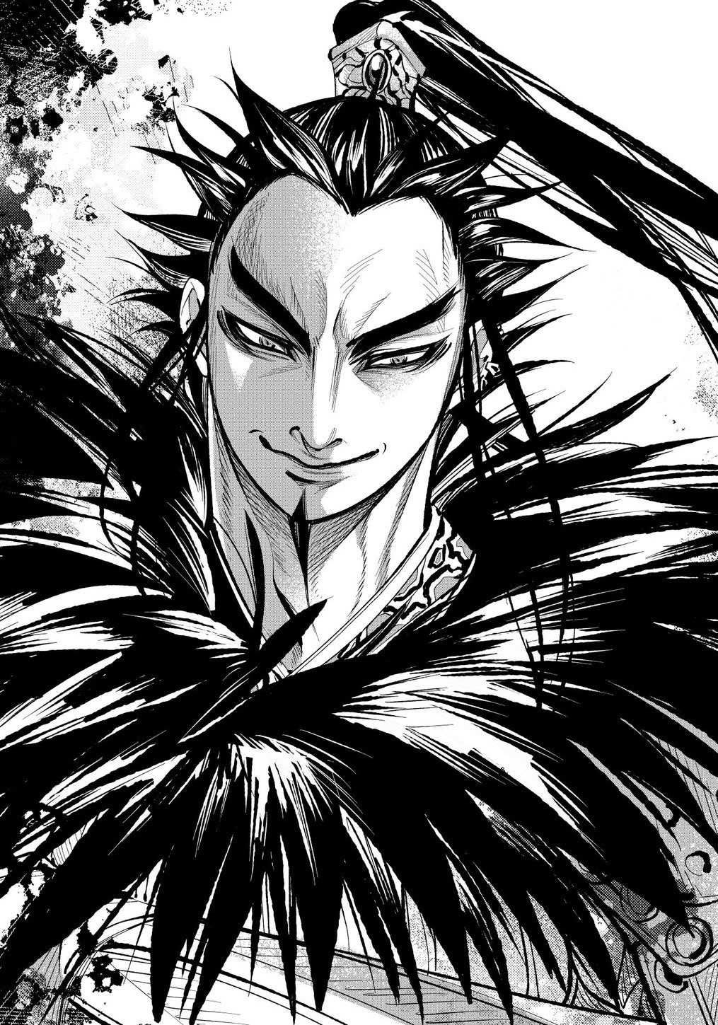 1boy, closed_mouth, commentary_request, earrings, facial_hair, goatee, greyscale, highres