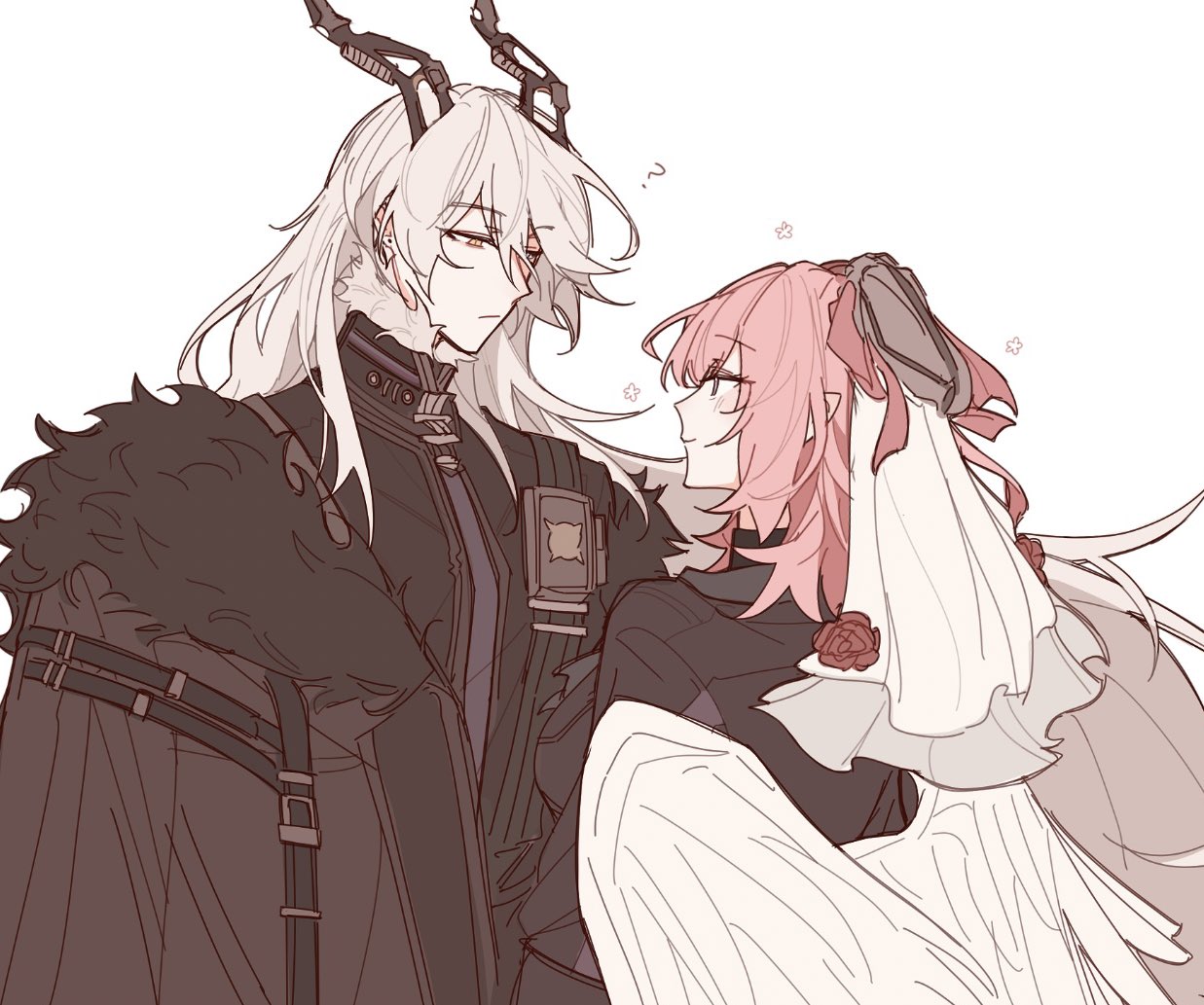 2girls, angel_wings, black_jacket, black_uniform, blue_eyes, breasts, bridal_veil, hair_between_eyes