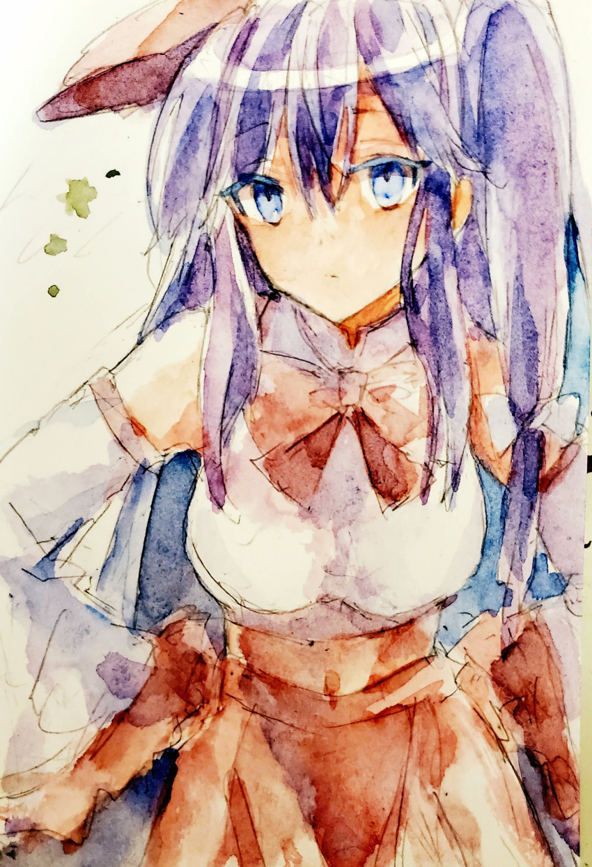 1girl, absurdres, bare_shoulders, blue_eyes, bow, bowtie, breasts_on_tray, cabbie_hat, commentary_request, detached_sleeves, dolls_in_pseudo_paradise, hakama, hakama_skirt, hat, highres, japanese_clothes, kamu_kotan, label_girl_(dipp), leaning_forward, long_hair, long_sleeves, mandarin_collar, midriff, navel, painting_(medium), purple_hair, red_bow, red_bowtie, red_skirt, shirt, side_ponytail, simple_background, skirt, sleeveless, sleeveless_shirt, solo, touhou, traditional_media, very_long_hair, watercolor_(medium), white_background, white_shirt, white_sleeves