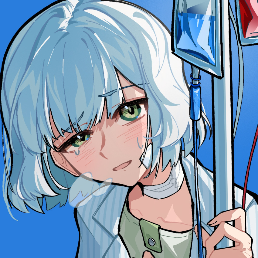 1girl, bandaged_neck, bandages, bandaid, bandaid_on_face, blue_background, chahu_lililala, cristallo