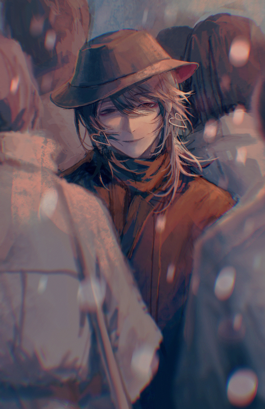 1girl, alternate_costume, black_eyes, black_hair, black_hat, black_scarf, brown_coat, chinese_commentary, coat, commentary, crowd, earrings, hair_between_eyes, half-closed_eyes, hat, heart, heart_earrings, highres, hoop_earrings, hycircoad, jewelry, long_hair, looking_at_viewer, path_to_nowhere, people, scarf, smile, snowing, solo_focus, straight-on, upper_body
