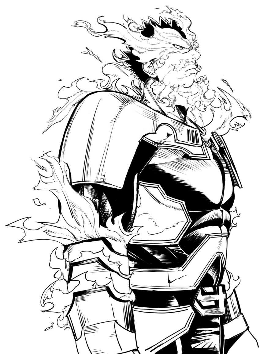 1boy, arms_at_sides, boku_no_hero_academia, endeavor_(boku_no_hero_academia), fighting_stance, from_side, gimgyeon_(dog_0987), greyscale