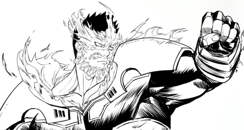1boy, armor, boku_no_hero_academia, endeavor_(boku_no_hero_academia), fighting_stance, gimgyeon_(dog_0987), greyscale, large_pectorals