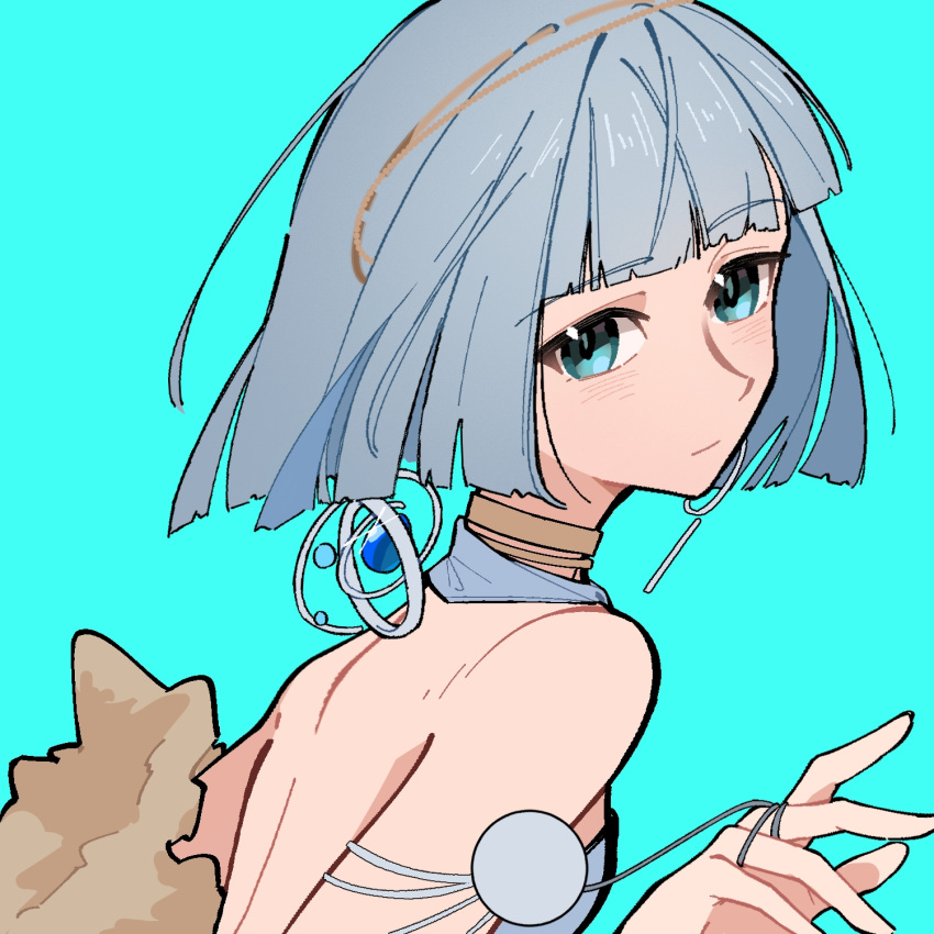 1girl, aqua_background, aqua_eyes, backless_shirt, bare_shoulders, blunt_bangs, bob_cut, chahu_lililala