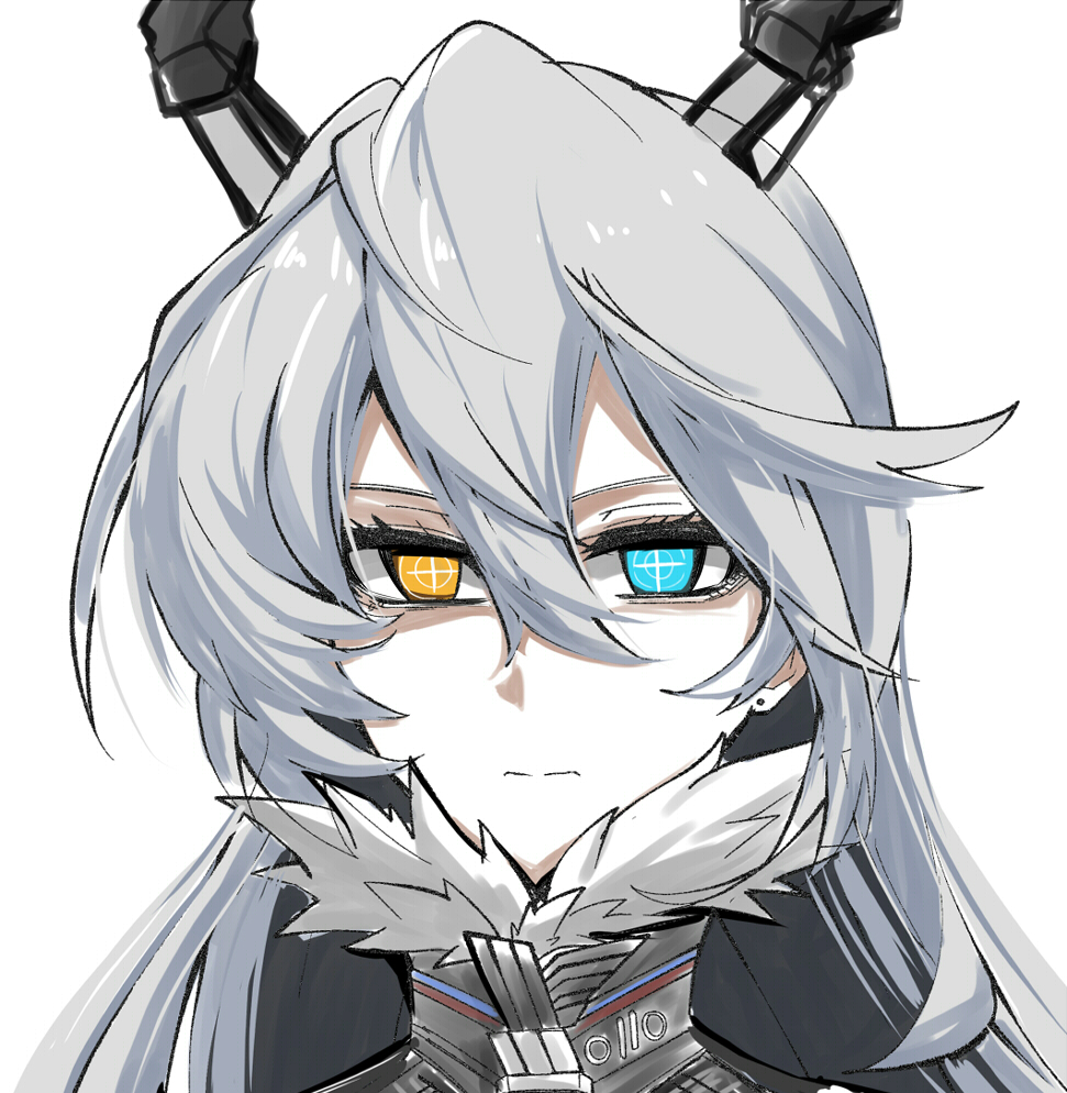 1girl, blue_eyes, closed_mouth, earrings, grey_hair, hair_between_eyes, heterochromia, horns