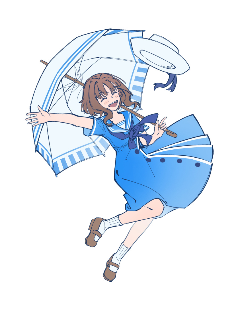 1girl, absurdres, ankle_socks, arm_up, blue_dress, blue_neckerchief, blue_sailor_collar, brown_footwear