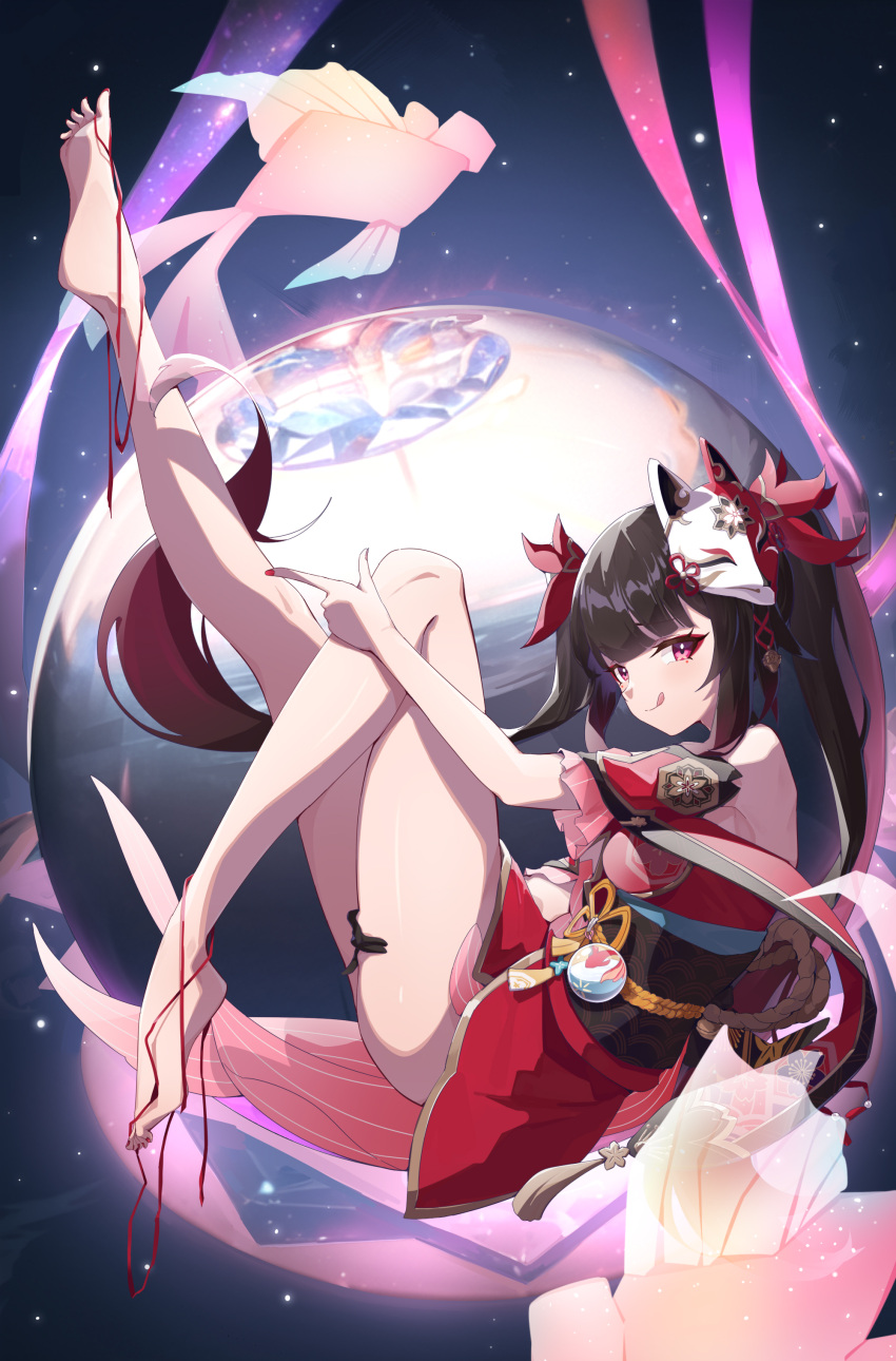 1girl, absurdres, applying_pedicure, bare_shoulders, barefoot, bell, black_choker, breasts
