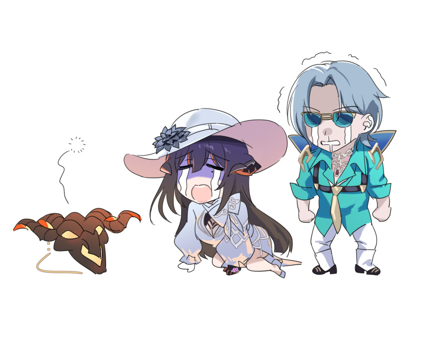 1boy, 1girl, akash_(honkai:_star_rail), black_footwear, black_hair, constance_(honkai:_star_rail), crying, dress