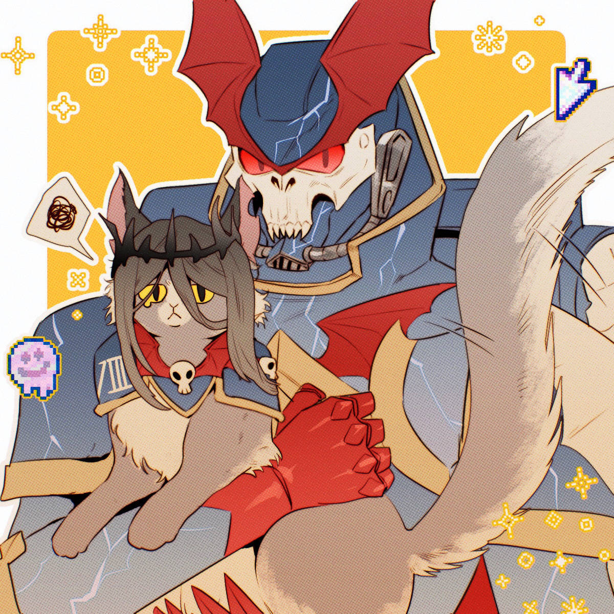 2boys, adeptus_astartes, animal, animalization, armor, ben-day_dots, blue_armor, cat, clothed_animal, commentary_request, corona_nox_(warhammer), crown, cursor, english_commentary, frown, highres, holding, holding_animal, jago_sevatarion, konrad_curze, looking_at_viewer, magicalduck21, mixed-language_commentary, motion_lines, multiple_boys, night_lords, notched_ear, power_armor, primarch, red_eyes, screentones, slit_pupils, spoken_squiggle, square, squiggle, warhammer_40k, yellow_background, yellow_eyes