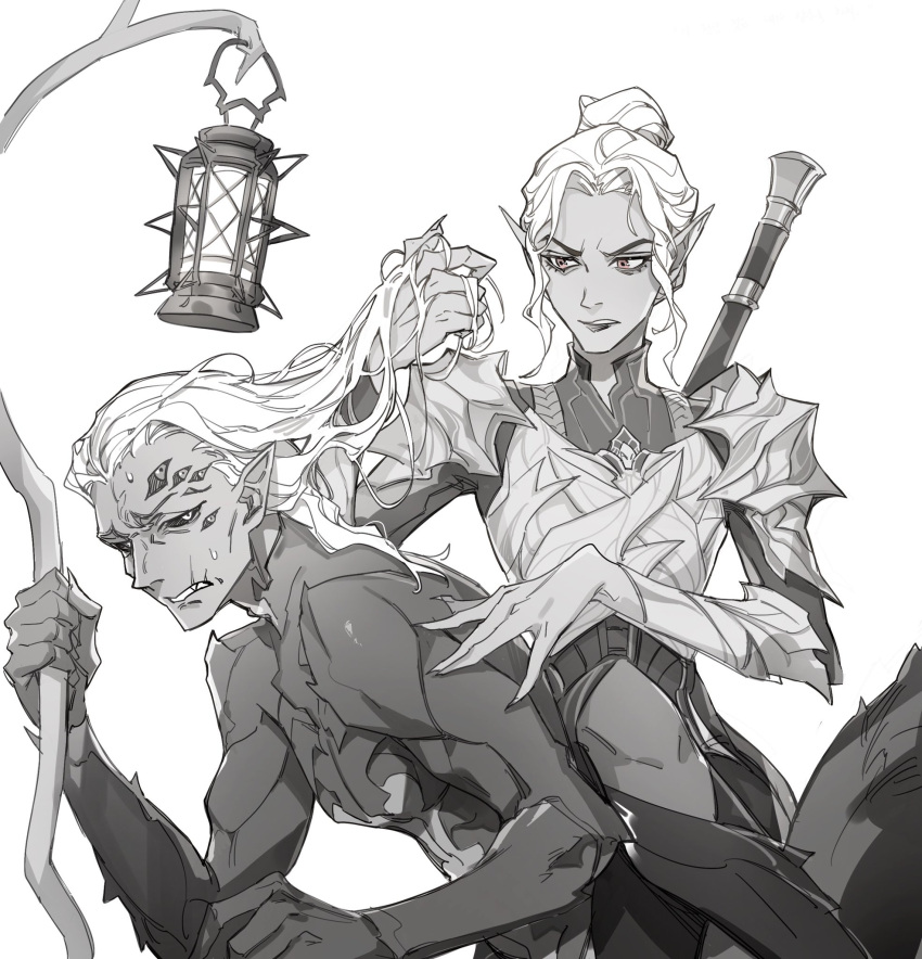 1boy, 1girl, armor, baldur's_gate, baldur's_gate_3, breastplate, bskibskib, carapace