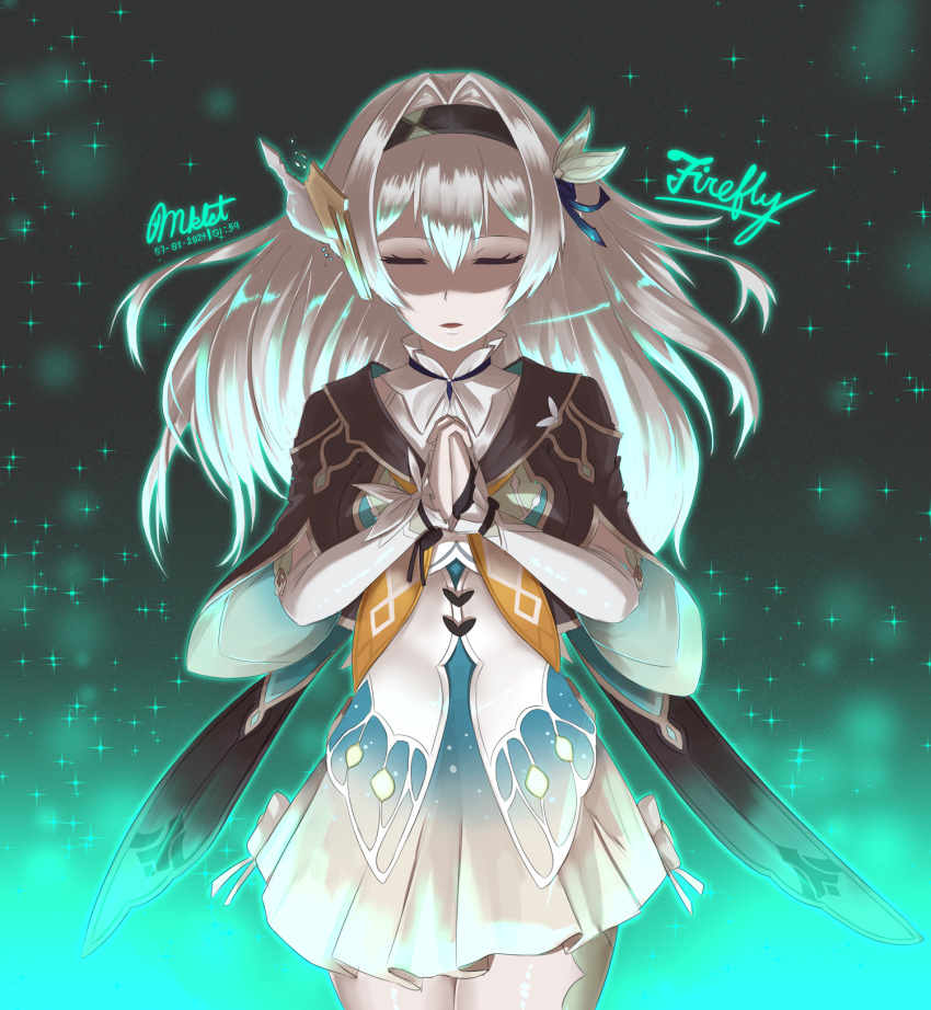 1girl, black_hairband, closed_eyes, facing_viewer, firefly_(honkai:_star_rail), grey_hair, hair_intakes, hairband