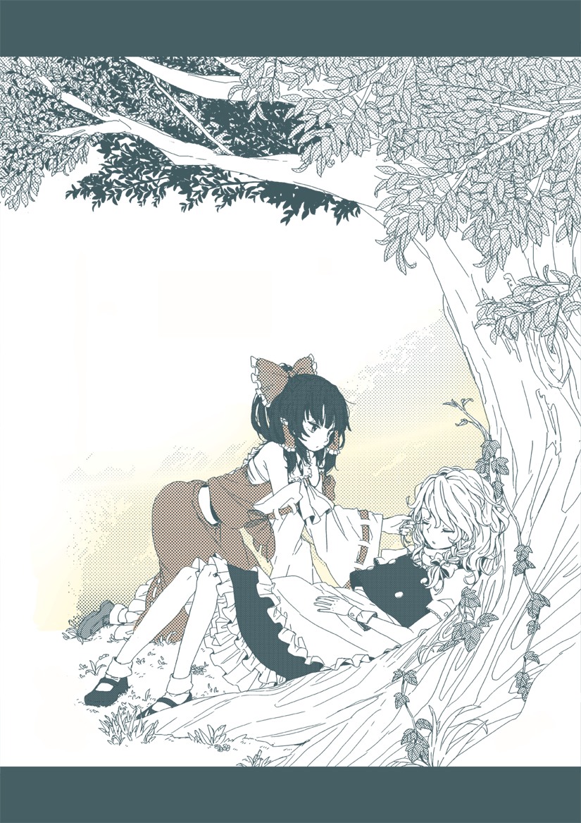 bow, detached_sleeves, hair_bow, hair_grab, hair_ribbon, hakurei_reimu, kirisame_marisa, leaf