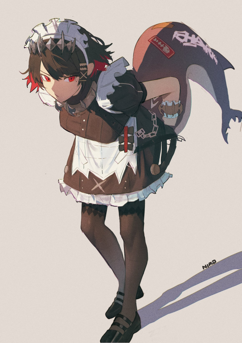 1girl, apron, black_footwear, black_hair, black_pantyhose, bracelet, breasts, brown_dress