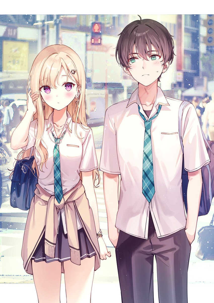 1boy, 1girl, arm_at_side, asamura_yuuta, ayase_saki, bag, black_hair, black_pants