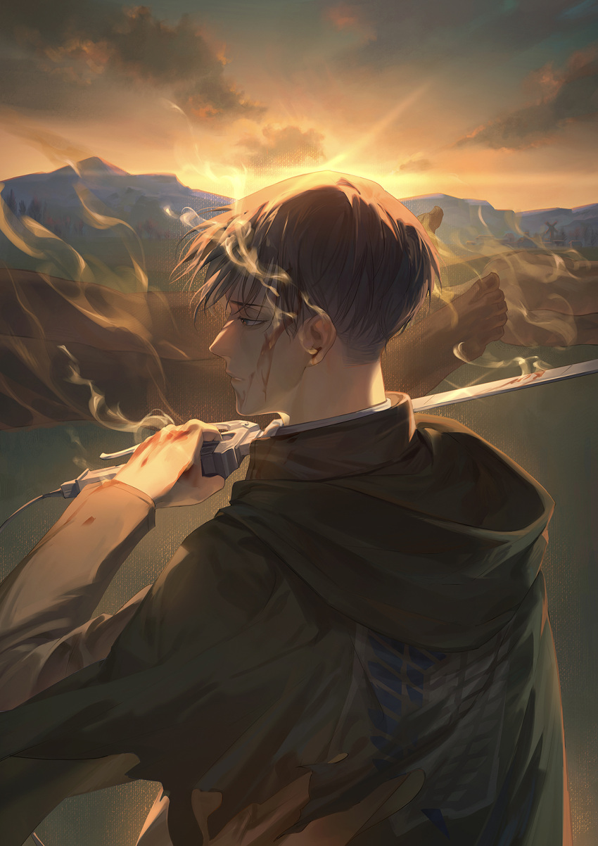 1boy, after_battle, black_eyes, black_hair, blood, blood_on_face, cape, from_behind, frown, highres, holding, levi_(shingeki_no_kyojin), lilypsiren, male_focus, paradis_military_uniform, profile, shingeki_no_kyojin, short_hair, solo, steam, sunset, sword, three-dimensional_maneuver_gear, titan_(shingeki_no_kyojin), upper_body, weapon