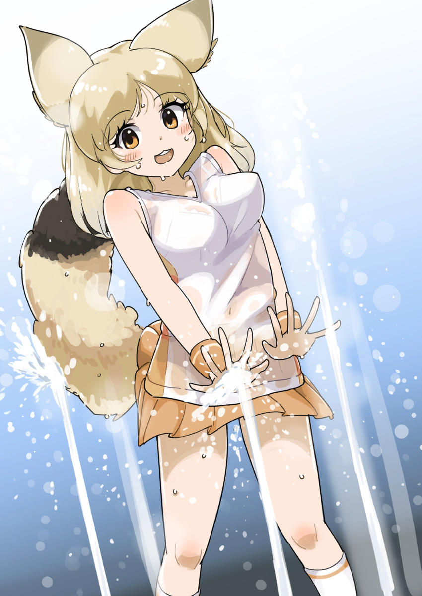 1girl, absurdres, animal_ears, bare_shoulders, blonde_hair, blush, brown_shirt, extra_ears