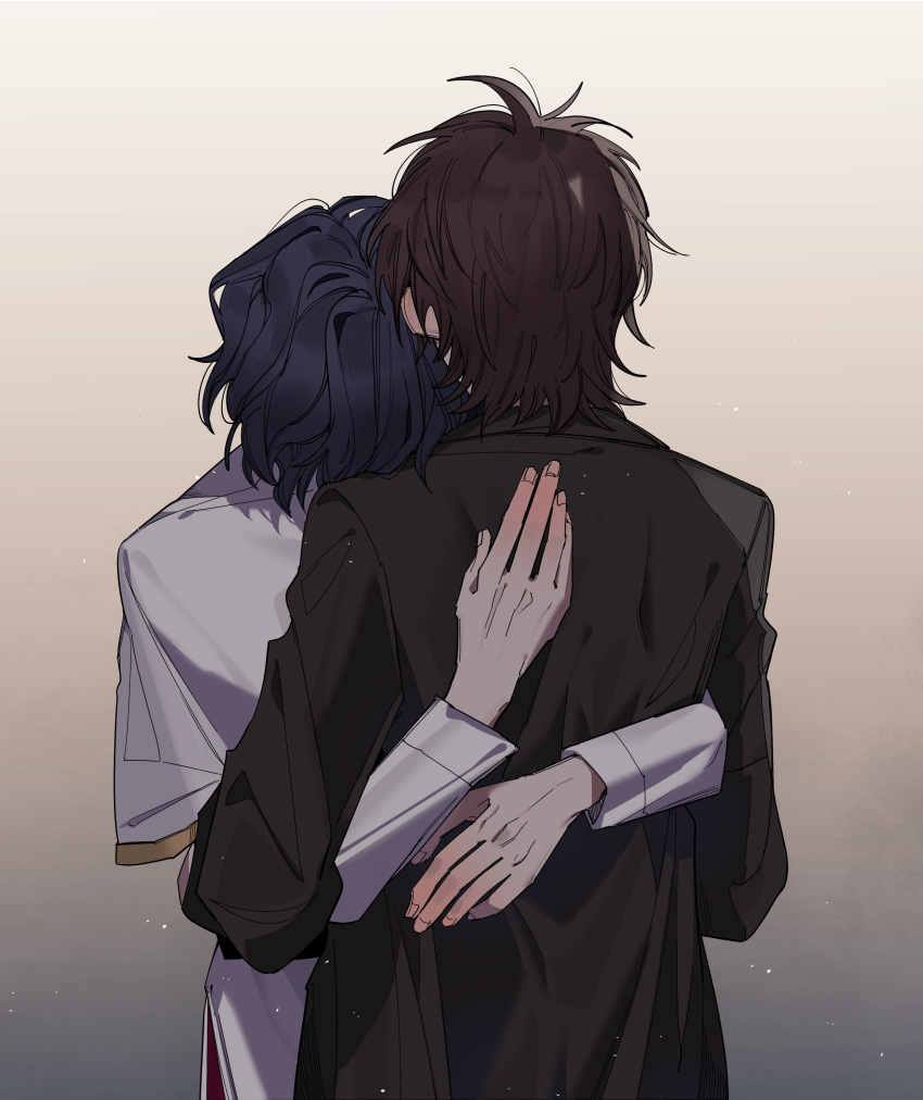 2boys, absurdres, baiyue, black_shirt, blue_hair, brown_hair, capelet, chinese_commentary