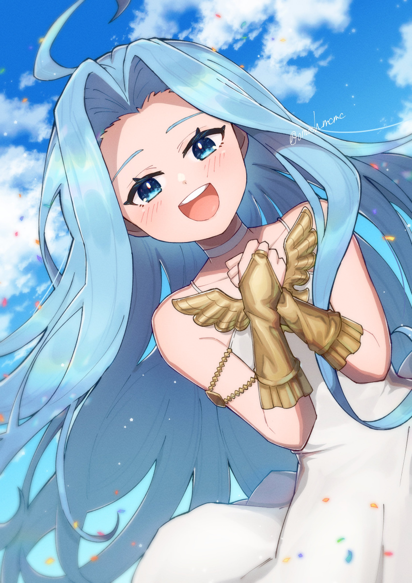 1girl, absurdres, ahoge, blue_eyes, blue_hair, blue_sky, bridal_gauntlets, choker, clouds, dress, gauntlets, granblue_fantasy, highres, long_hair, looking_at_viewer, lyria_(granblue_fantasy), mochida_(omoch_mcmc), open_mouth, sky, solo, very_long_hair, white_choker, white_dress