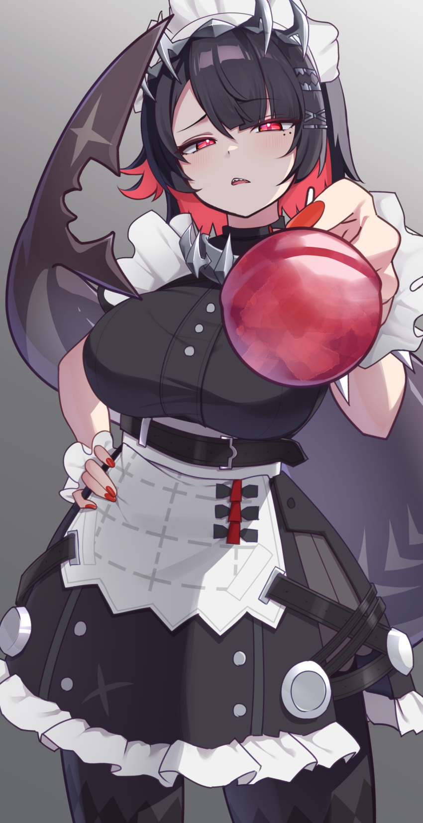 1girl, absurdres, black_dress, black_hair, breasts, candy, colored_inner_hair, dress, ellen_joe, fins, fish_tail, food, frilled_wristband, hand_on_own_hip, highres, holding, holding_candy, holding_food, holding_lollipop, large_breasts, lelex, lollipop, looking_at_viewer, maid, maid_headdress, metal_hairband, mole, mole_under_eye, multicolored_hair, pantyhose, puffy_short_sleeves, puffy_sleeves, red_eyes, red_nails, redhead, shark_girl, shark_tail, short_hair, short_sleeves, solo, spiked_headband, tail, zenless_zone_zero