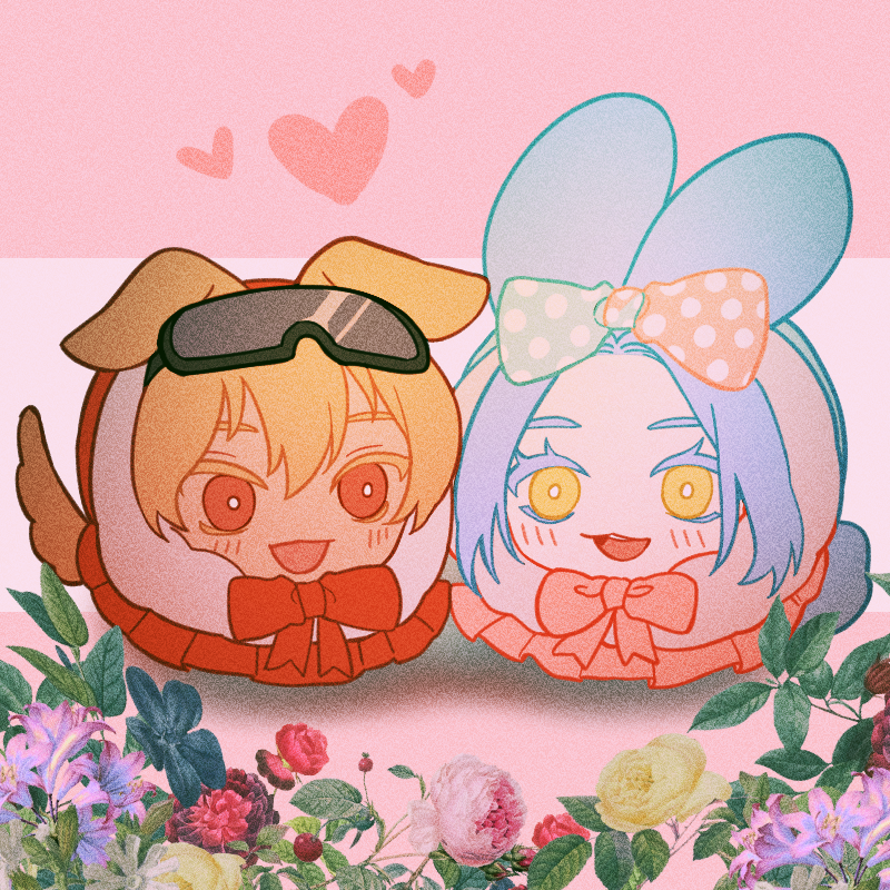 1boy, 1girl, animal_ears, black-framed_eyewear, blonde_hair, blue_hair, blush, bow