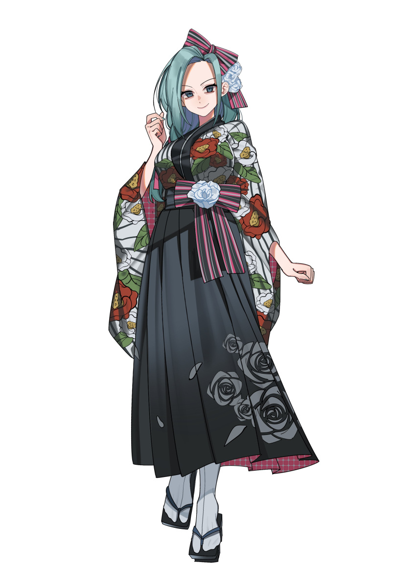 1girl, absurdres, alternate_costume, aqua_eyes, aqua_hair, aqua_nails, baiyue, black_hakama