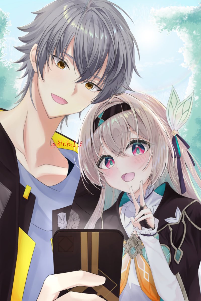 1boy, 1girl, :d, black_coat, black_gloves, black_hairband, caelus_(honkai:_star_rail), coat, collared_shirt, cropped_jacket, fingerless_gloves, firefly_(honkai:_star_rail), gloves, grey_hair, h4n4m1_2, hair_between_eyes, hair_ornament, hairband, highres, holding, holding_phone, honkai:_star_rail, honkai_(series), long_hair, long_sleeves, open_clothes, open_coat, outdoors, phone, selfie, shirt, short_hair, smile, trailblazer_(honkai:_star_rail), two-tone_eyes, upper_body, v, white_shirt, yellow_eyes