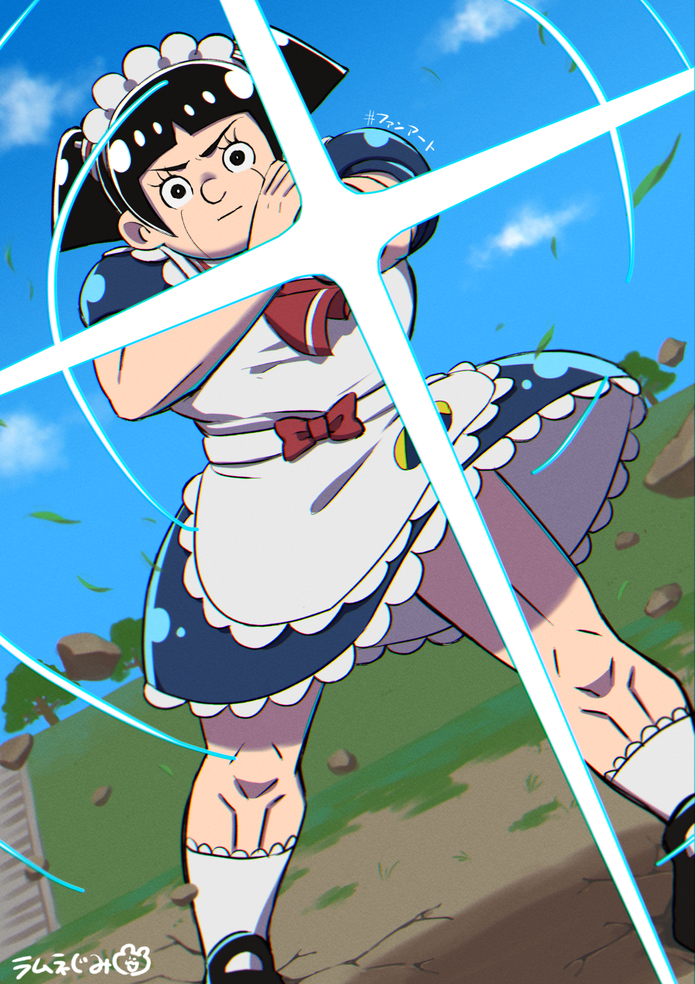 1girl, apron, black_eyes, black_hair, boku_to_roboco, bow, eyelashes, facial_mark, gummyramune, highres, looking_at_viewer, maid, maid_apron, maid_headdress, muscular, muscular_female, roboco_(boku_to_roboco), robot, robot_girl, solo, twintails