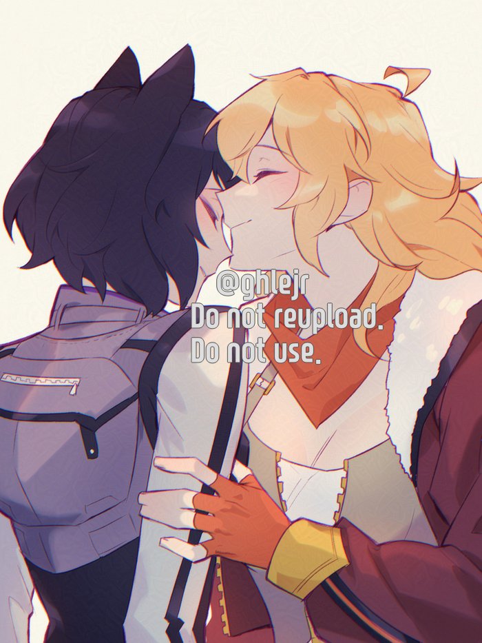 2girls, animal_ears, black_hair, blake_belladonna, blonde_hair, cat_ears, closed_eyes, closed_mouth, commentary, english_text, fingerless_gloves, ghlejr, gloves, hand_on_another's_arm, hashtag-only_commentary, jacket, long_hair, multiple_girls, open_clothes, open_jacket, orange_gloves, orange_scarf, purple_jacket, red_jacket, rwby, scarf, short_hair, smile, yang_xiao_long, yuri