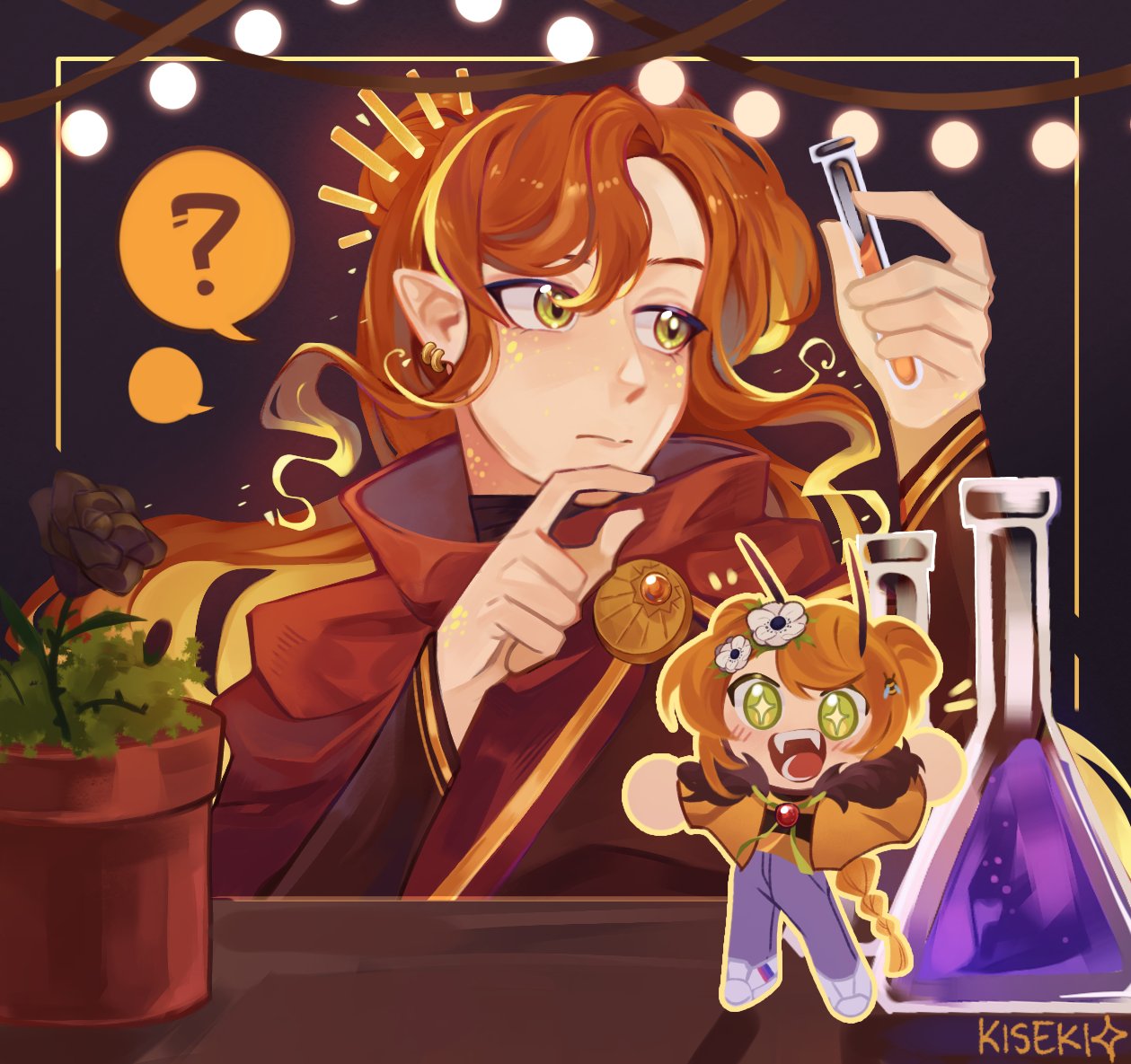 2girls, ?, antennae, arthropod_girl, bee_girl, blaze_rod, chibi, double_bun