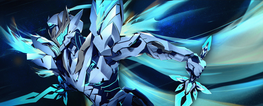 armor, dual_wielding, full_armor, glowing_headgear, green_light, helmet, henshin_pose, highres