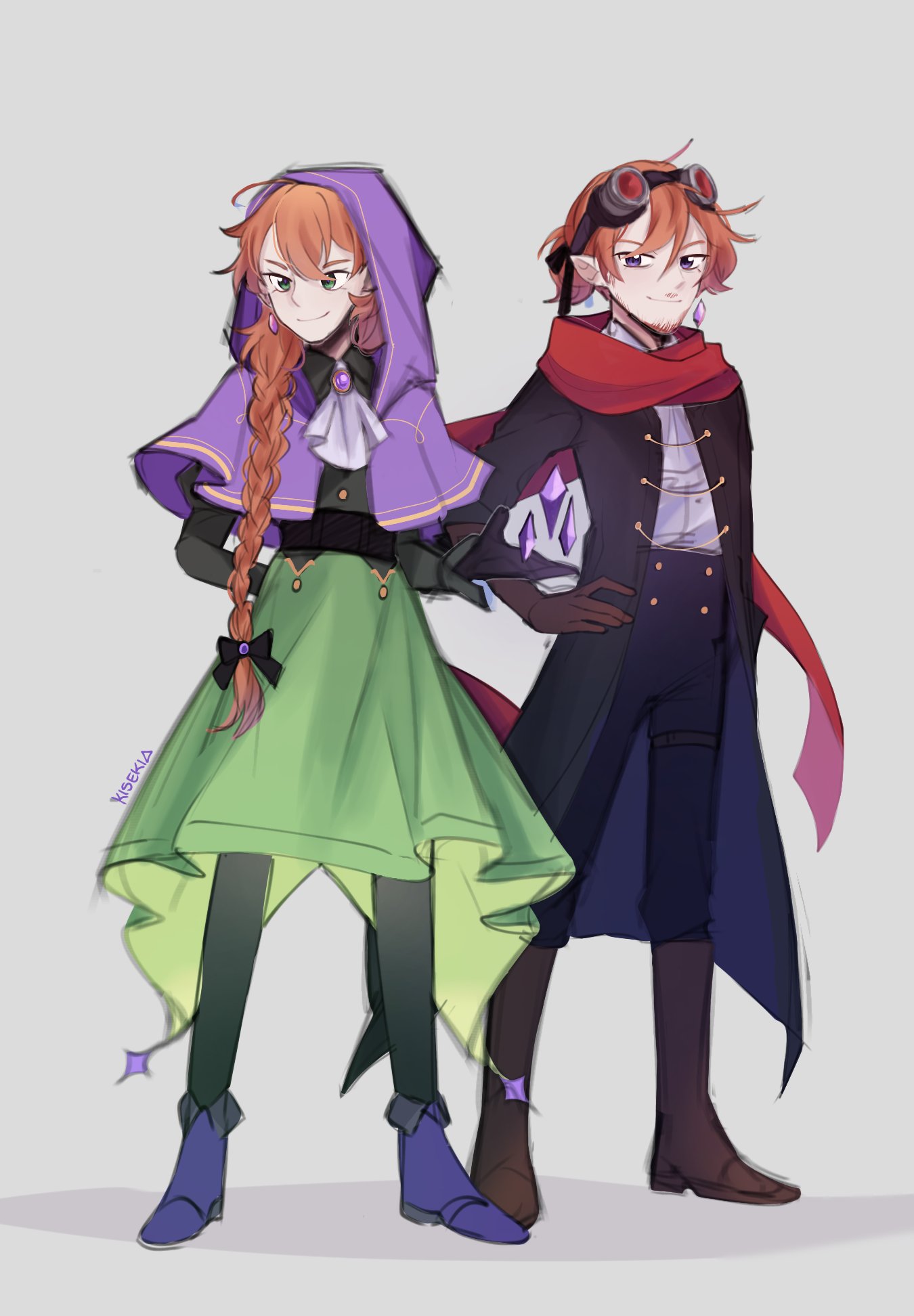 1boy, 1girl, animification, beard, bow, braid, brother_and_sister, cloak